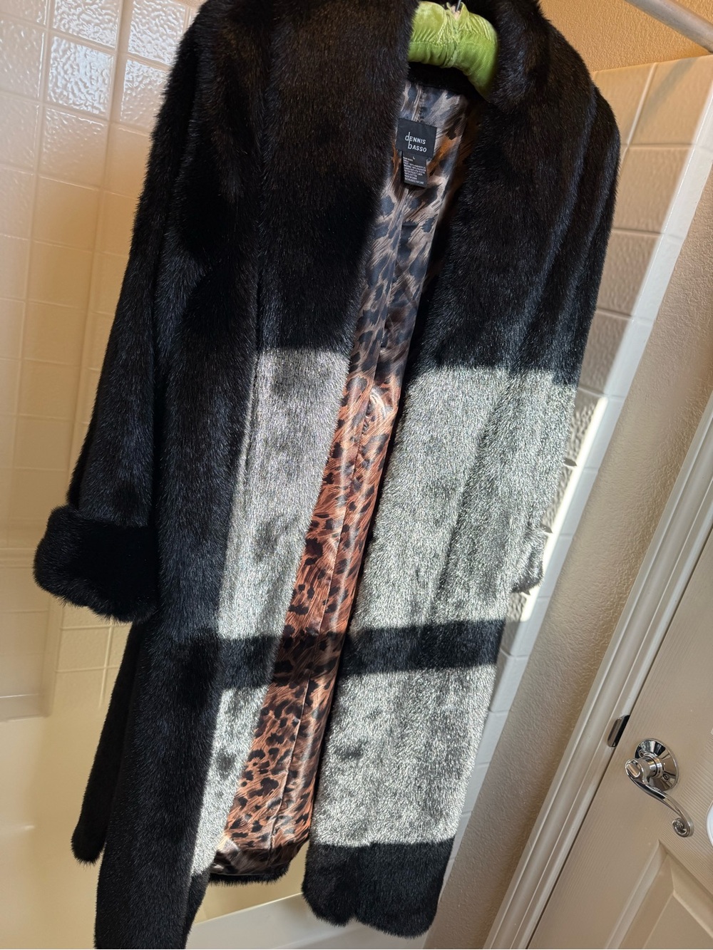 dennis basso Black Faux Fur Trench Coat with Leopard Print Lining